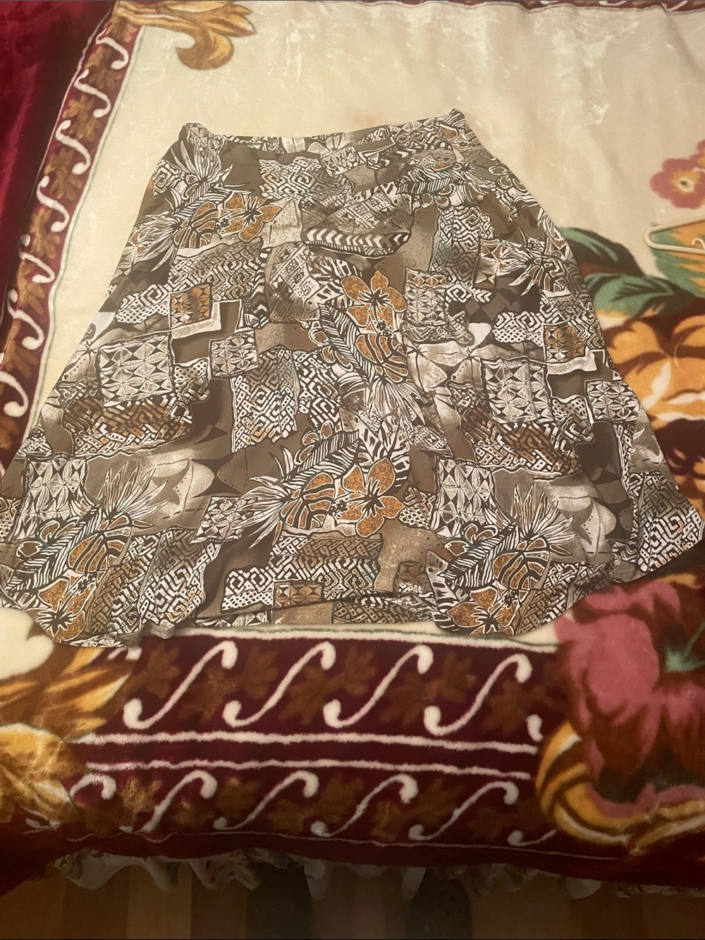 TanJay A-Line Skirt in Brown, Cream and Tan Floral Patchwork